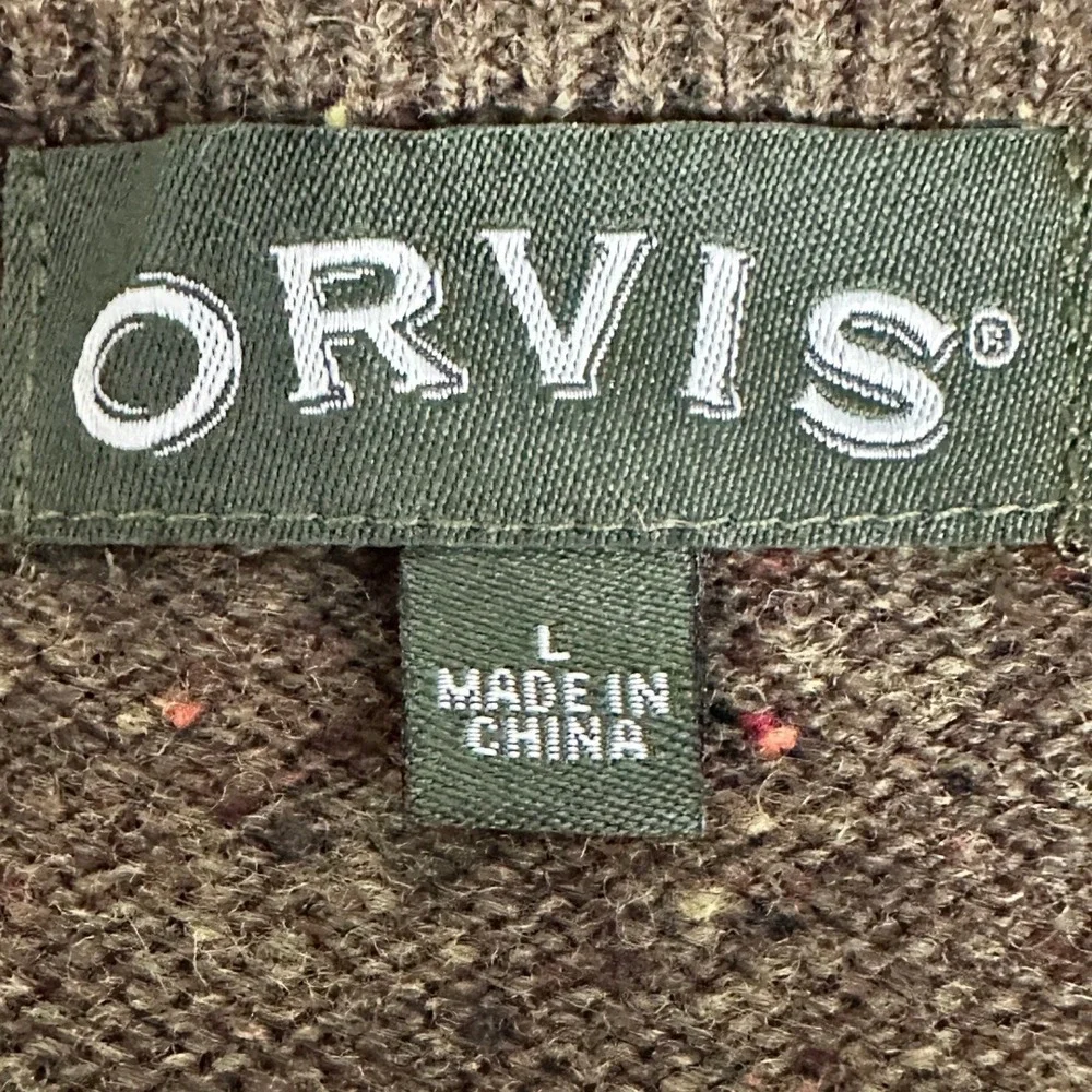 Orvis 100% Wool Olive Green Donegal Tweed Quarter Zip Sweater Suede Trim Large